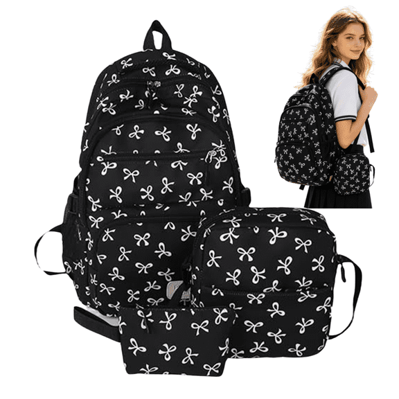 3 PCS Black Bow Backpack, School Backpack for hers, Cute Bow Bookbag for Women for Elementary Middle High School Student
