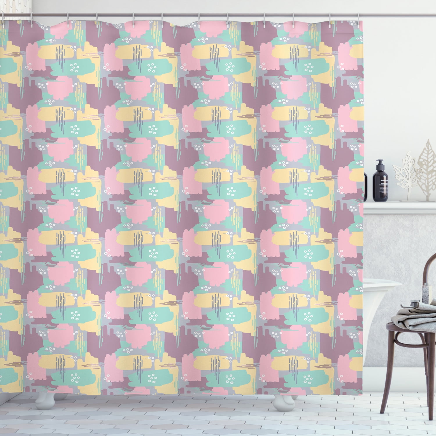 Abstract Shower Curtain, Pastel Color 90s Retro Memphis Style Paint Brush Stroked Funky ...