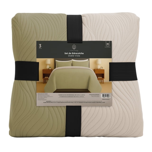 Set de Edrecolcha Doble Vista con Fundas, Hometrends Matrimonial, Verde-Beige