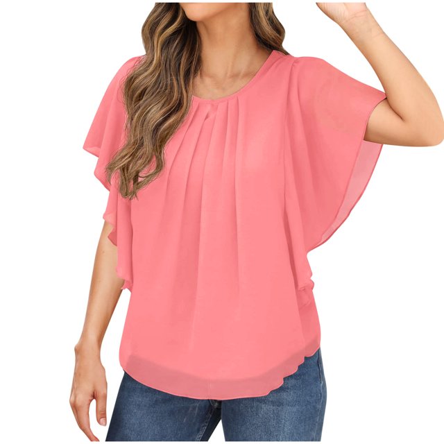 Ovbmpzd Pink Women's Tops Chiffon Ruffle Short Sleeve Solid Smocked Shirts Womens Vest Tops S
