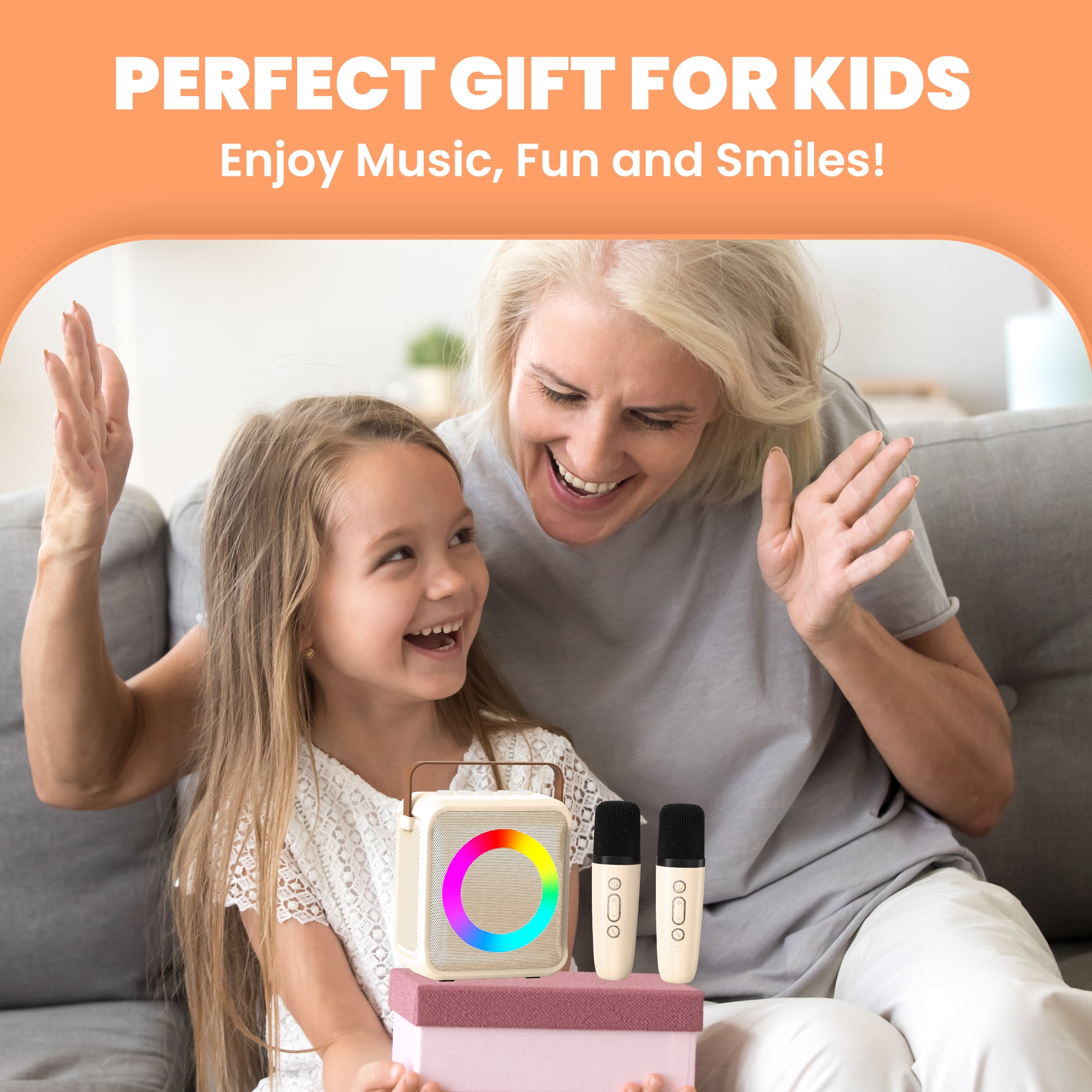 BONAOK Mini Karaoke Machine for Kids, Portable Bluetooth Speaker with 2 Wireless Microphones, Girls Gifts for Christmas Home Party, White