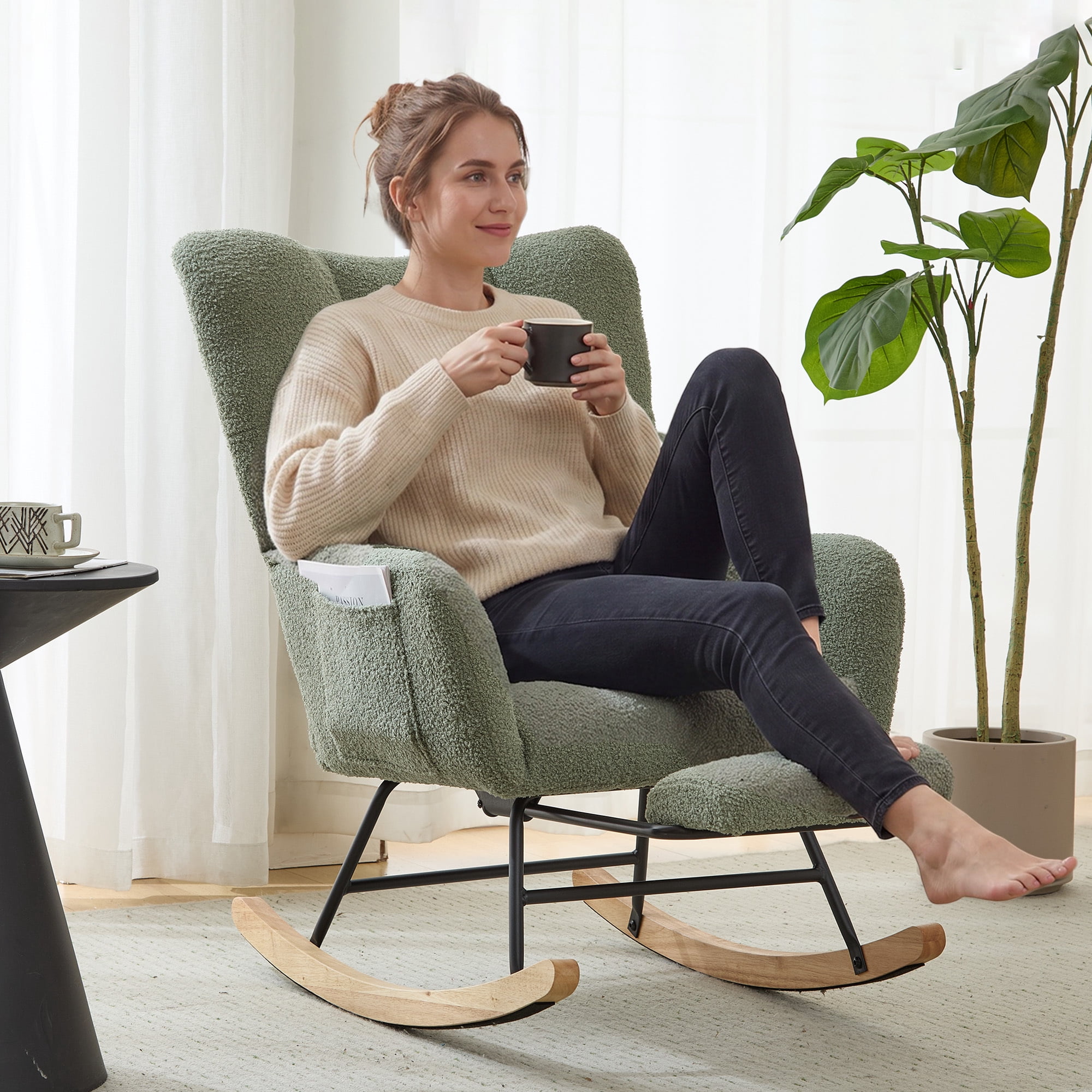 Leumius Nursery Rocking Chair with Footrest,Teddy Fabric Upholstered Glider Rocker Chair with High Backrest,Side Storage Pocket & Solid Wood Legs,Comfy Accent Chair for Living Room Bedroom,Green