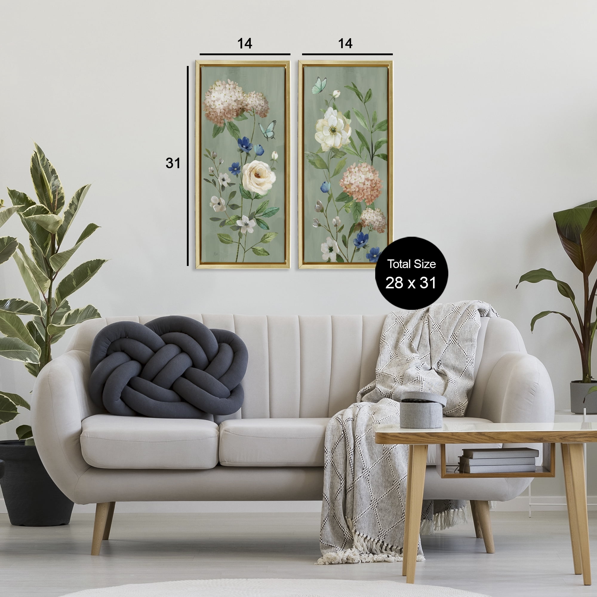 Stupell Industries Mint Hydrangeas & Roses 2 Piece Gold Framed Floater Canvas Set, design by Nan