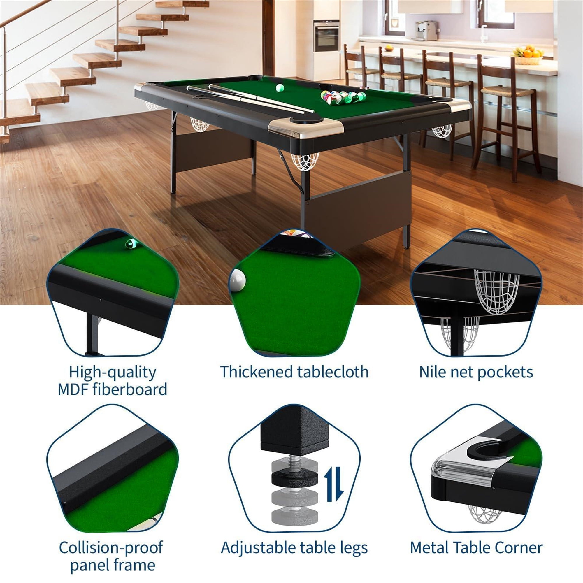 Aukfa 70" Folding Pool Table Portable Billiards Table, No Assembly, Includes Full Set of Balls, 2 Cue Sticks, Chalk and Felt Brush