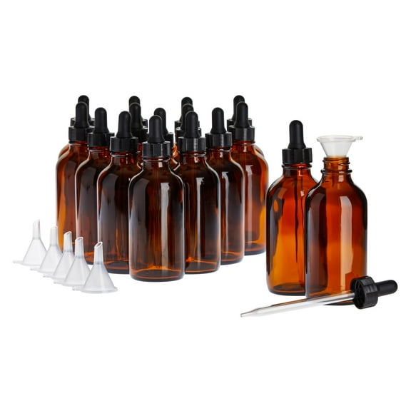 Juvale Amber Glass UV-Protected Amber Dark Glass Bottles with Droppers for Essential Oils & Travel Liquids - 4 Oz, 15-Pack, Apothecary Style - Leak-Proof Dropper Bottle Set with 6 Funnels