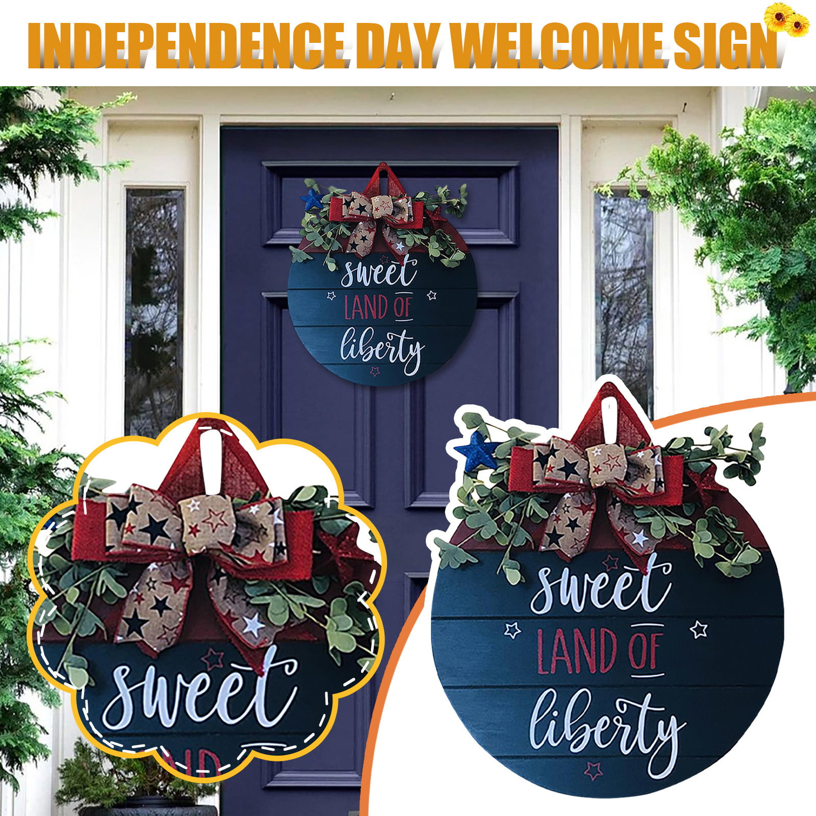 Round Welcome Door Sign Front Door Wreath Decoration Home Independence Day 