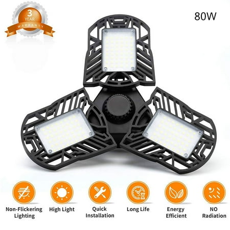 Pottery Barn Architect Lamp LED Garage Lamp 80W Deformable Garage Ceiling Lamp 6000LM E26 Basement Lamp With 3 Adjustable Panel LED Bulbs For Studio, Barn, Warehouse ()