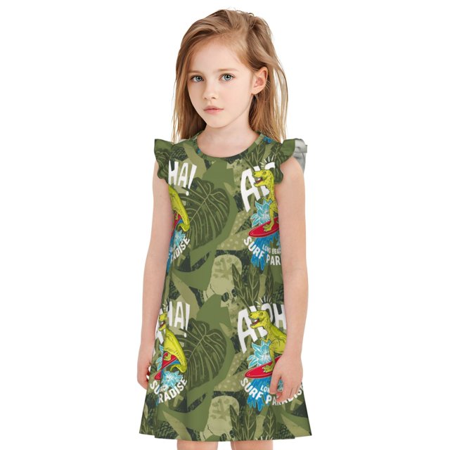 Fotbe Surfing Dinosaur Vestido de Dormir para Niñas de 3 a 10 Años, Mangas Cortas, Estilo Princesa, Pijama Camisón con Mangas Voladas-Medium
