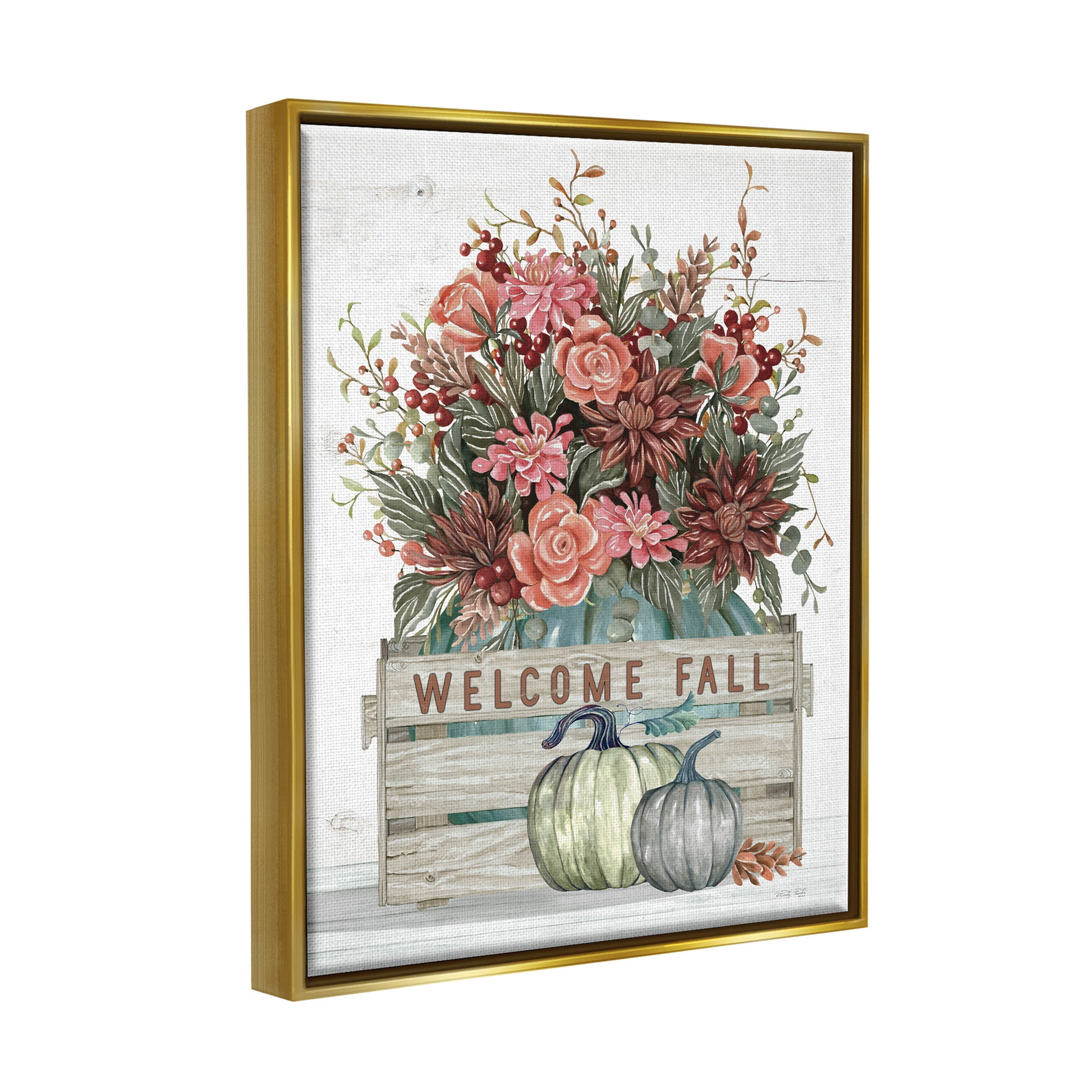 Welcome Fall Seasonal Blooms Holiday Graphic Art Metallic Gold Framed Art Print Wall Art