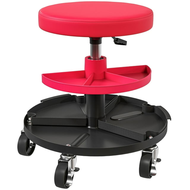 Tabouret de Garage Roulant, Tabouret de Mécanicien Capacité de 300 Lb avec Roues de 2,5 Pouces, Rangement pour Plateaux à Outils, Hauteur Réglable, Rouge