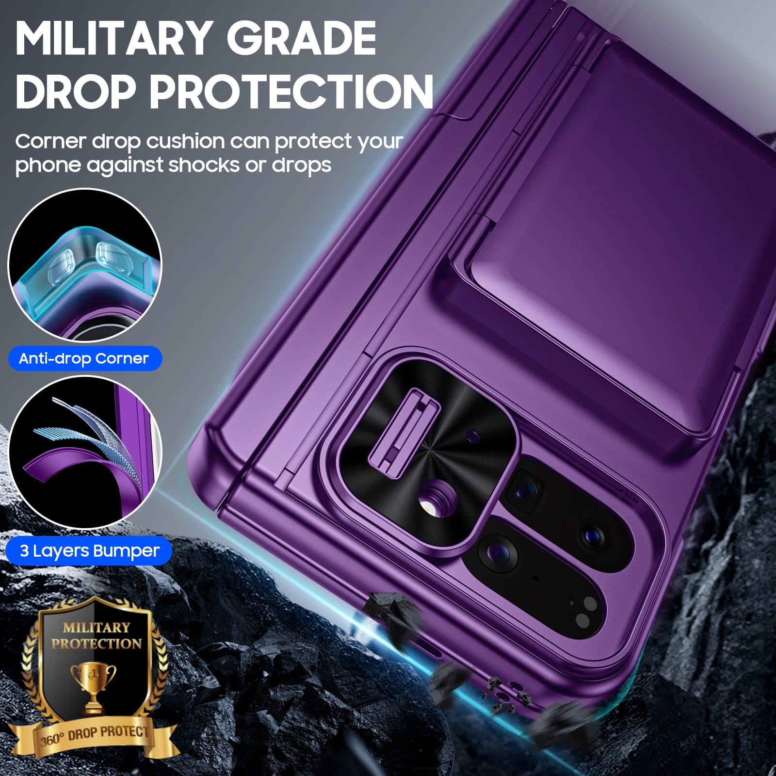 Vizvera for Google Pixel 10 Pro Fold Case with Card Holder [RFID Blocking] Camera Cover,Hinge Protection,Built-in Hidden Kickstand,Screen Protector,Slim Shockproof Phone Case-Purple
