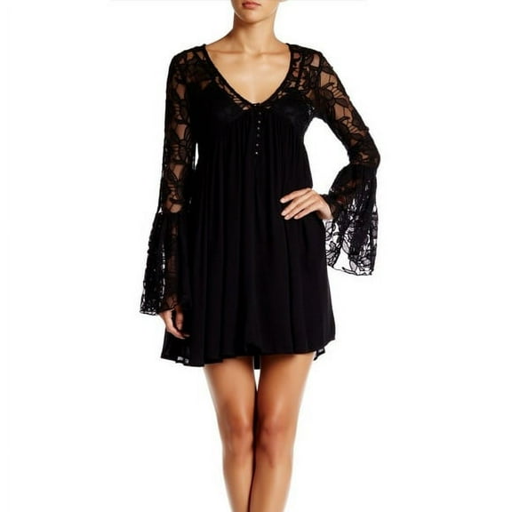 Romeo and Juliet BLACK Women's Illusion Mesh Lace L/S A-line Mini Dress, S