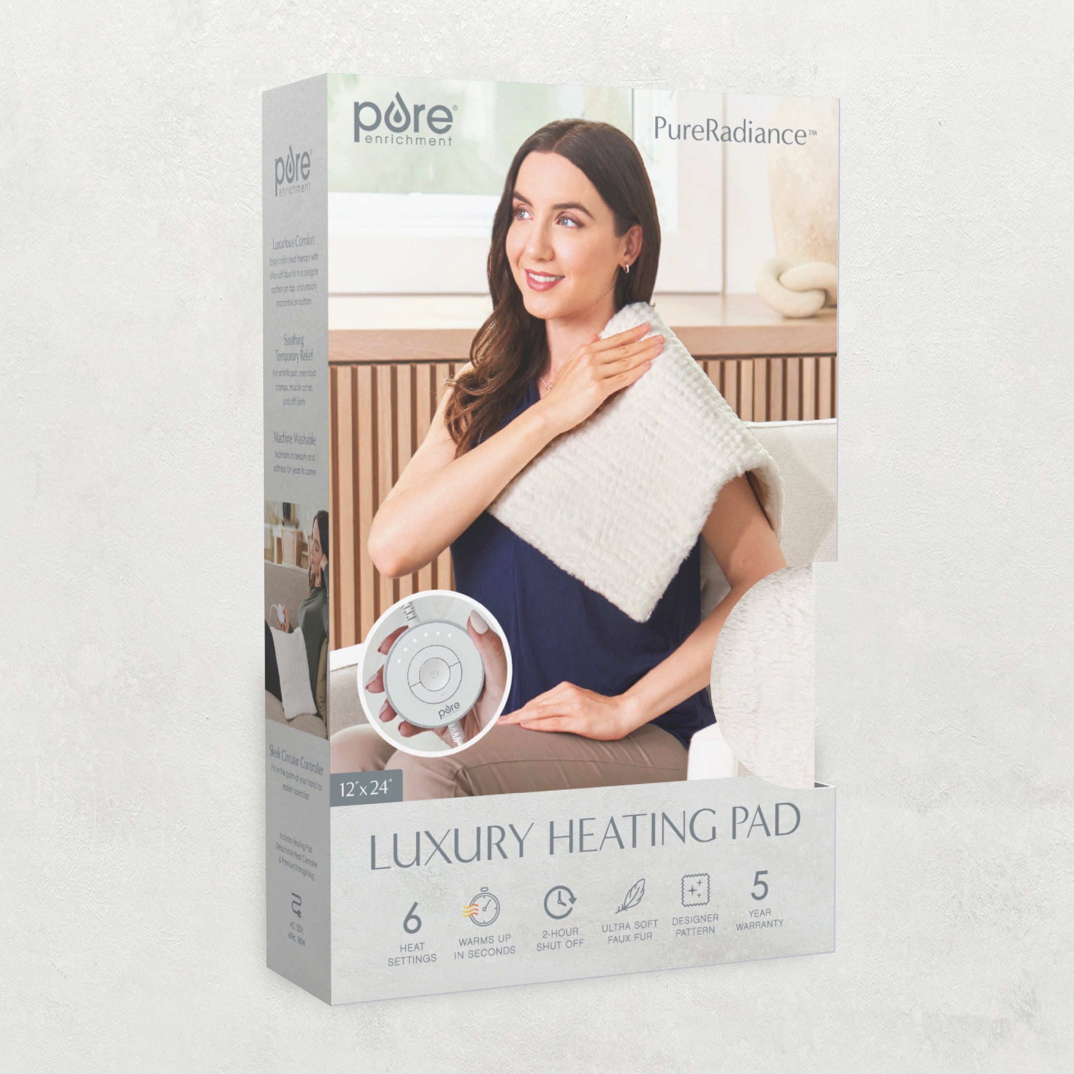 Pure Enrichment PureRadiance Luxury Heating Pad for Back, Neck, & Shoulder Pain Relief, Patented Design, Soft Faux Fur & Micromink, 6 Heat Settings, Machine Washable, 12”x24”(Cloud)