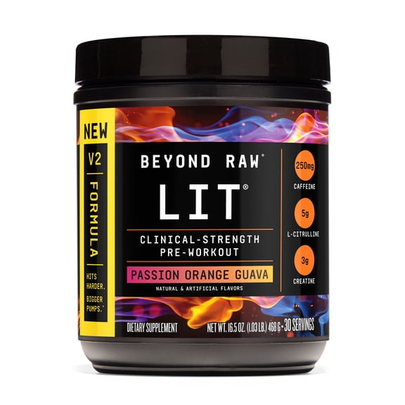 Beyond Raw LIT V2 Clinical Strength Pre Workout Powder, Hits Harder, Bigger Pumps, Caffeine, L-Citrulline, Creatine, Passion Orange Guava, 30 Servings