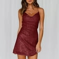 thumbnail image 2 of BLTIBY Women's Spaghetti Strap Sequin Dress Club Party Sparkling Pleated Bodycon Mini Cocktail Dresses Wine XL, 2 of 8