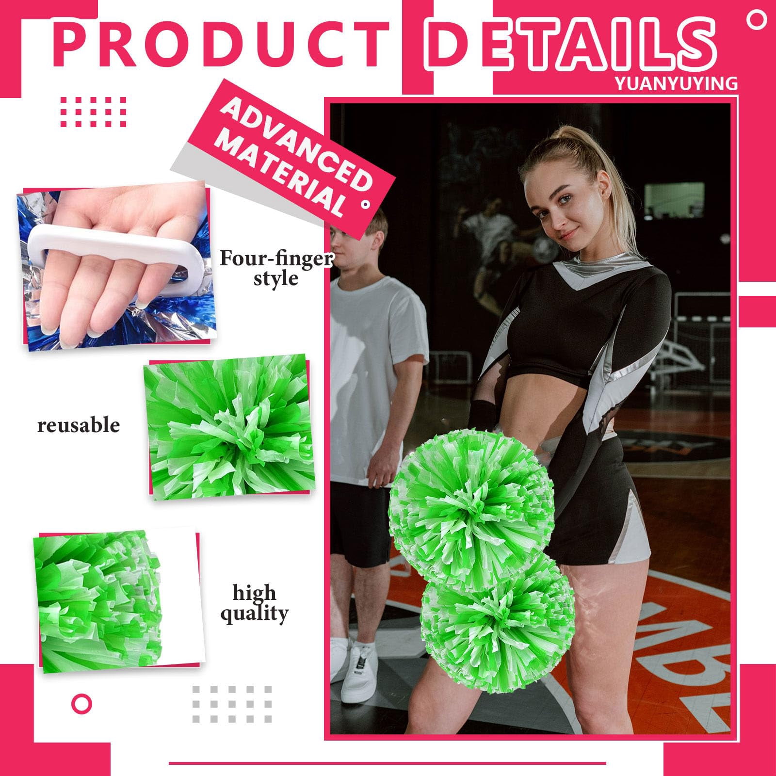 Cheer Pom Poms 22 Pcs Four Finger Handle, Cheerleading Handheld Squad Pompoms for Sports Team Cheer Spirit Games Dance Party Adults
