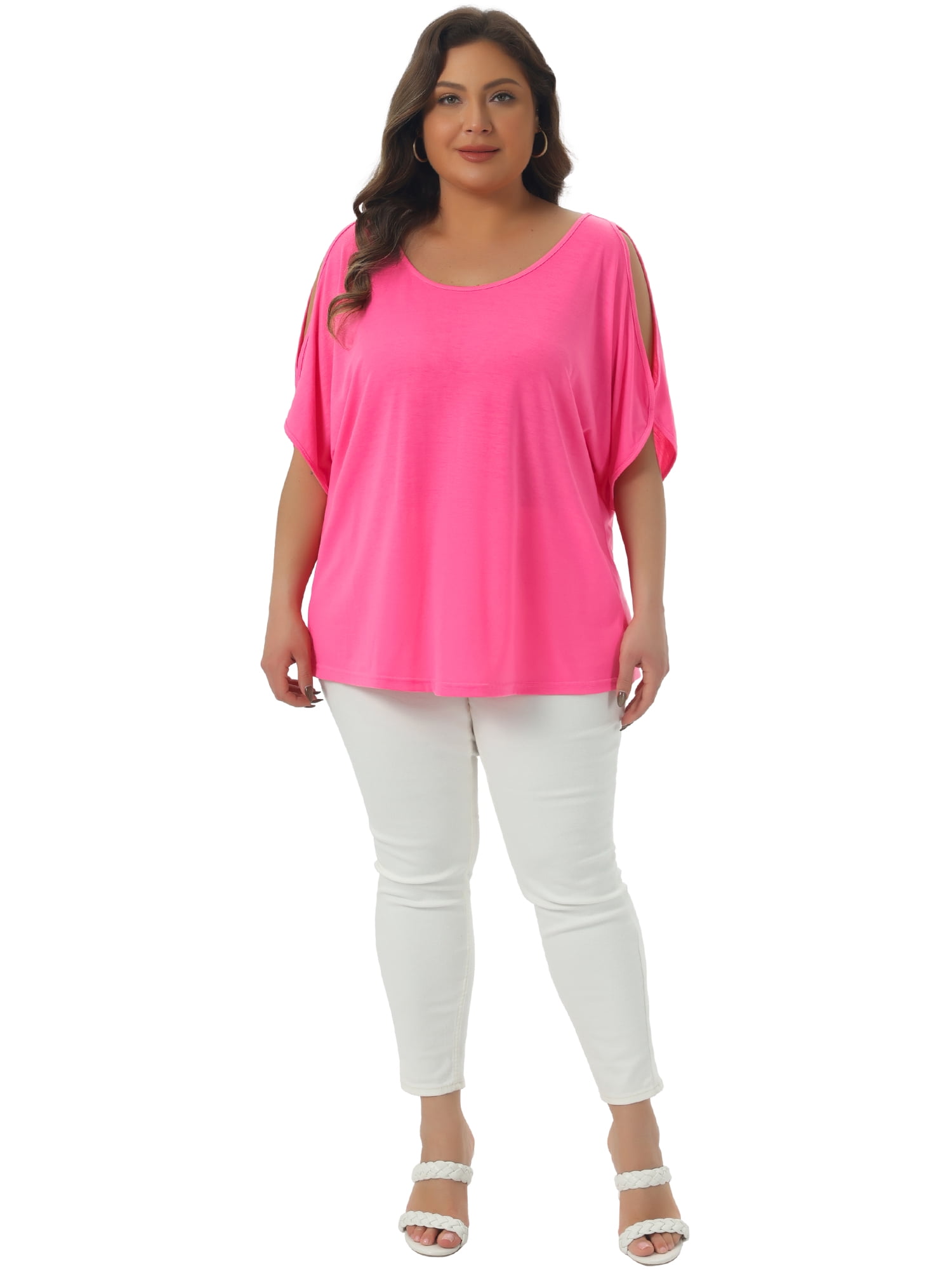 DARING DIVA Women's Plus Casual Crew Neck Cold Shoulder Summer Blouse 2X Pink
