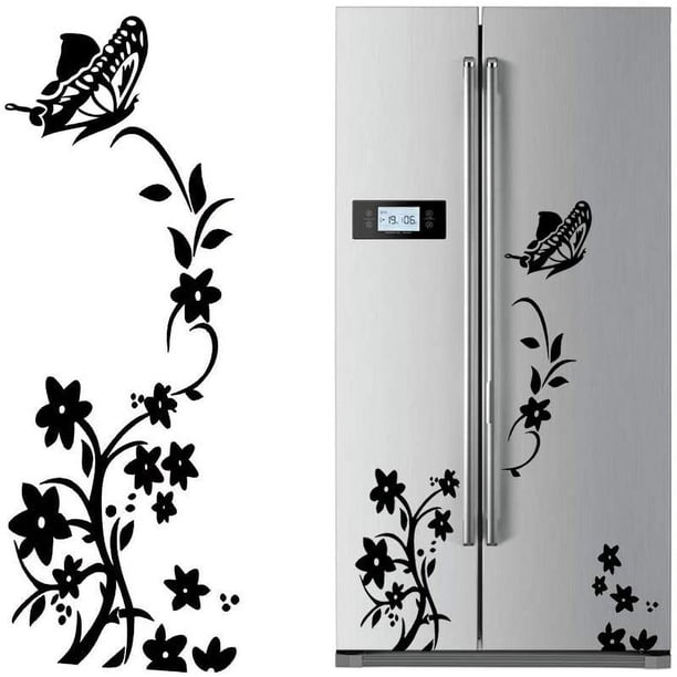 2 pegatinas de pared de vid de flores negras, pegatinas de pared de mariposa para nevera de PVC, decoración artística extraíble para el armario de la cocina del hogar, 105x38cm Rojo Verde
