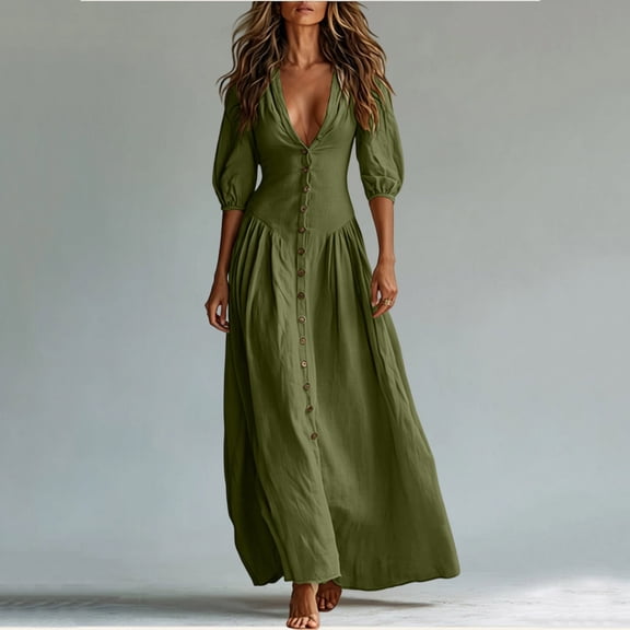 Qulqfy Maxi Womens Summer Dresses Army Green Casual Boho Cotton 3/4 Sleeve Elegant Sexy Plain Button V-Neck Beach Long Dresses L