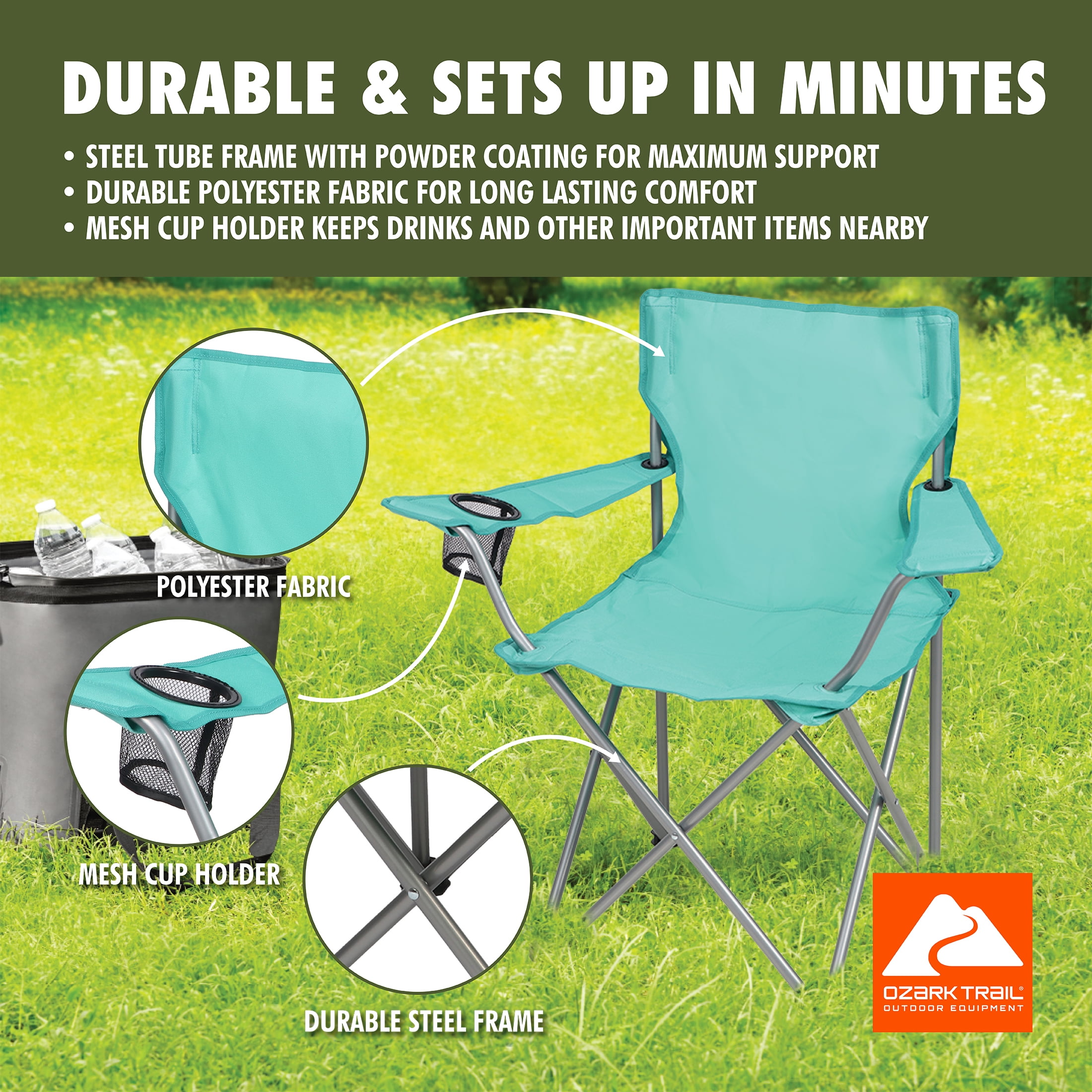 Ozark Trail Quad Folding Camp Chair with Cup Holder, Green Sea