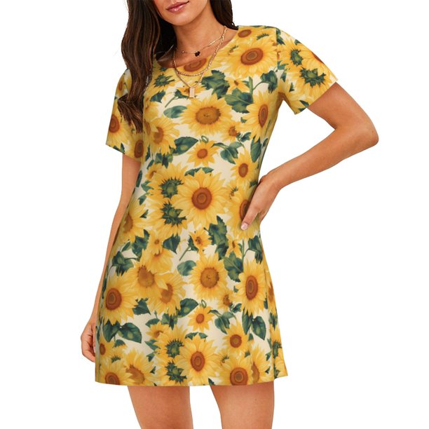 Disketp Green Leaf Sunflower para Camisón Corto de Manga Corta para Mujeres, Camisón Cómodo con Escote Redondo, Bonito y Confortable