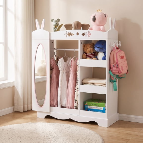 White Kids Wardrobe with Rabbit Ear Design, MDF & Particleboard Children Closet with Mirror, Shelves & Clothes Rod