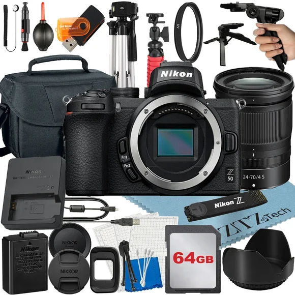Nikon Z50 Mirrorless Camera Bundle with NIKKOR Z 24-70mm f/4 S Lens + 64GB Card + Case + Tripod + ZeeTech Accessory