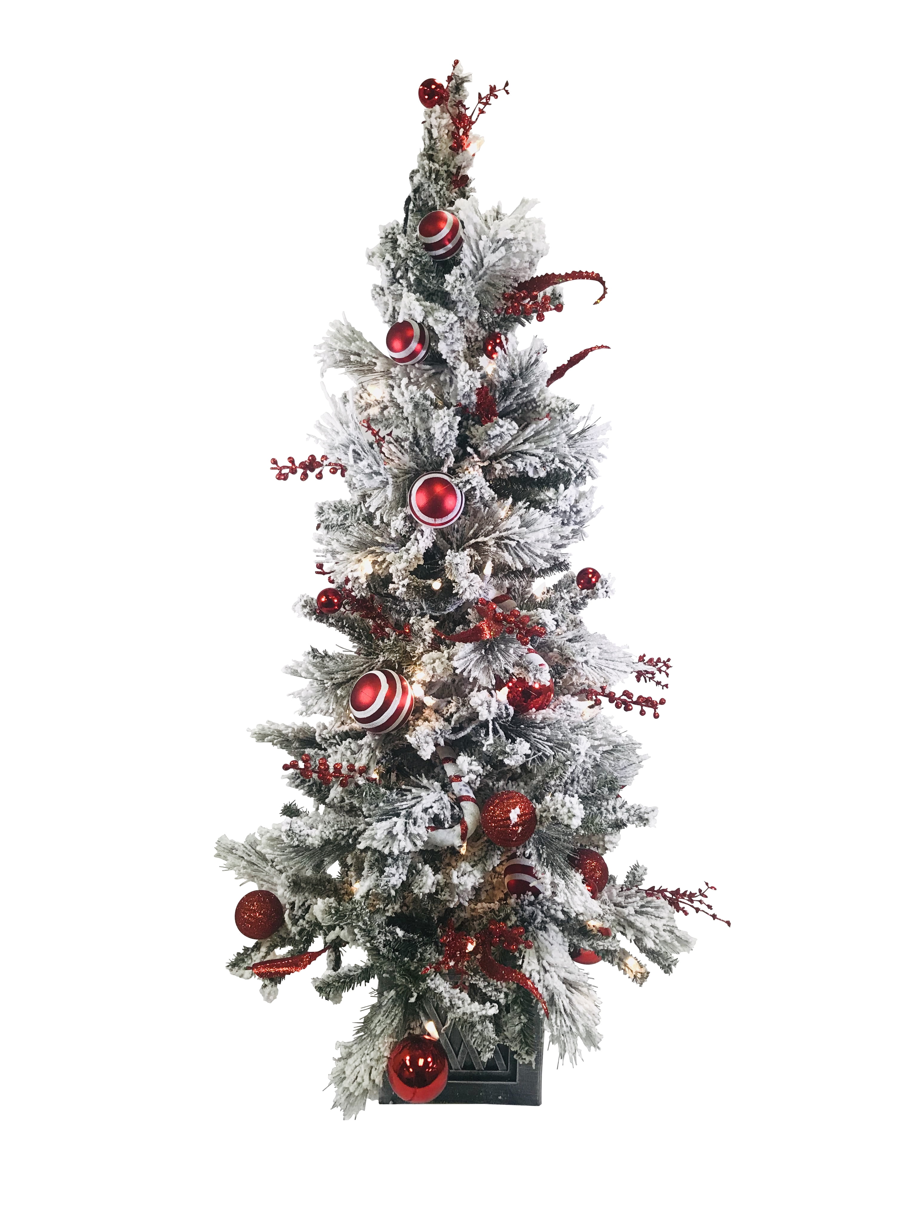 Platon Flocked Artificial Potted Christmas Tree with Red and White