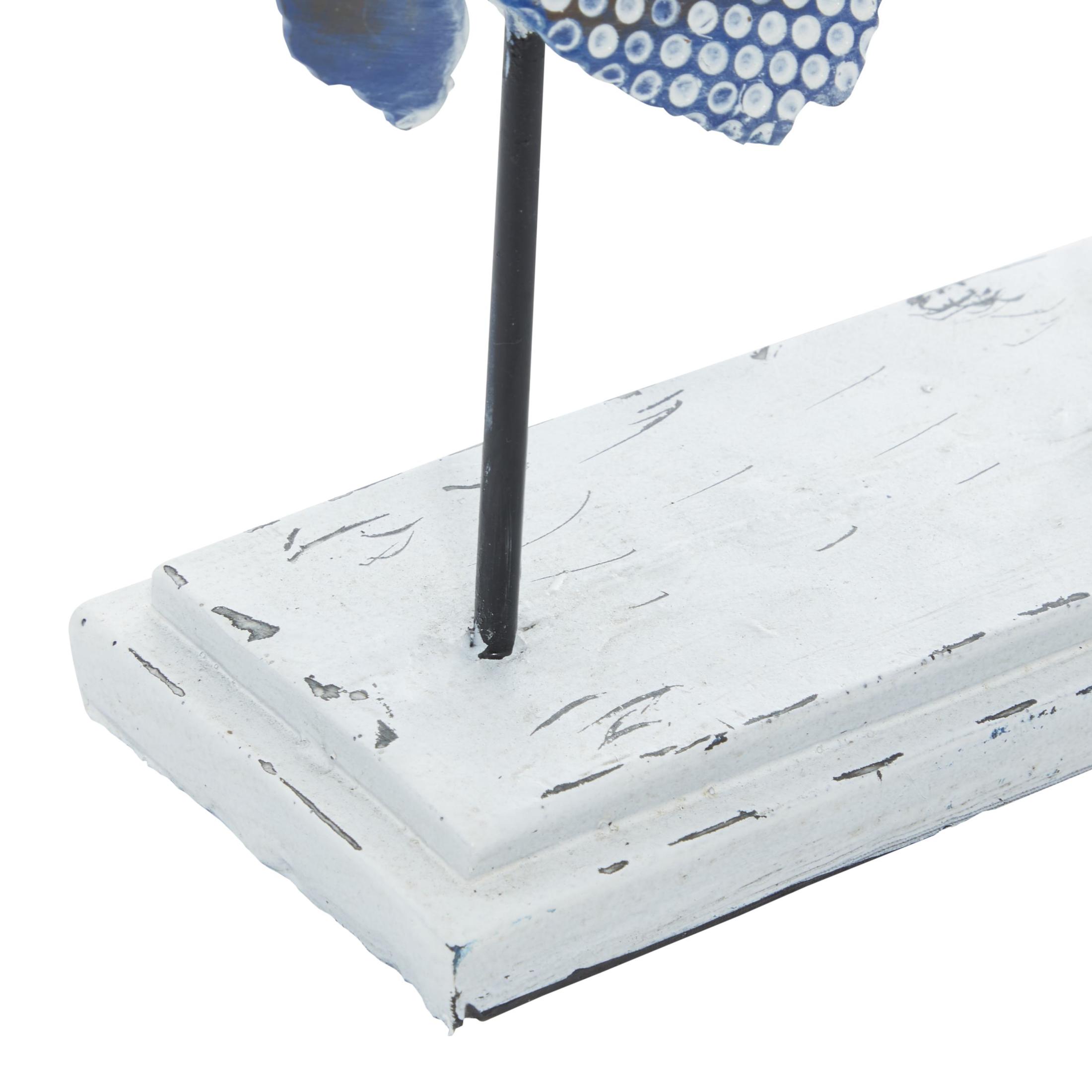 14", 10"H Blue Polystone Tribal Patterned Fish Sculpture with White Carvings and Mirrored Accents, by DecMode (2 Count)