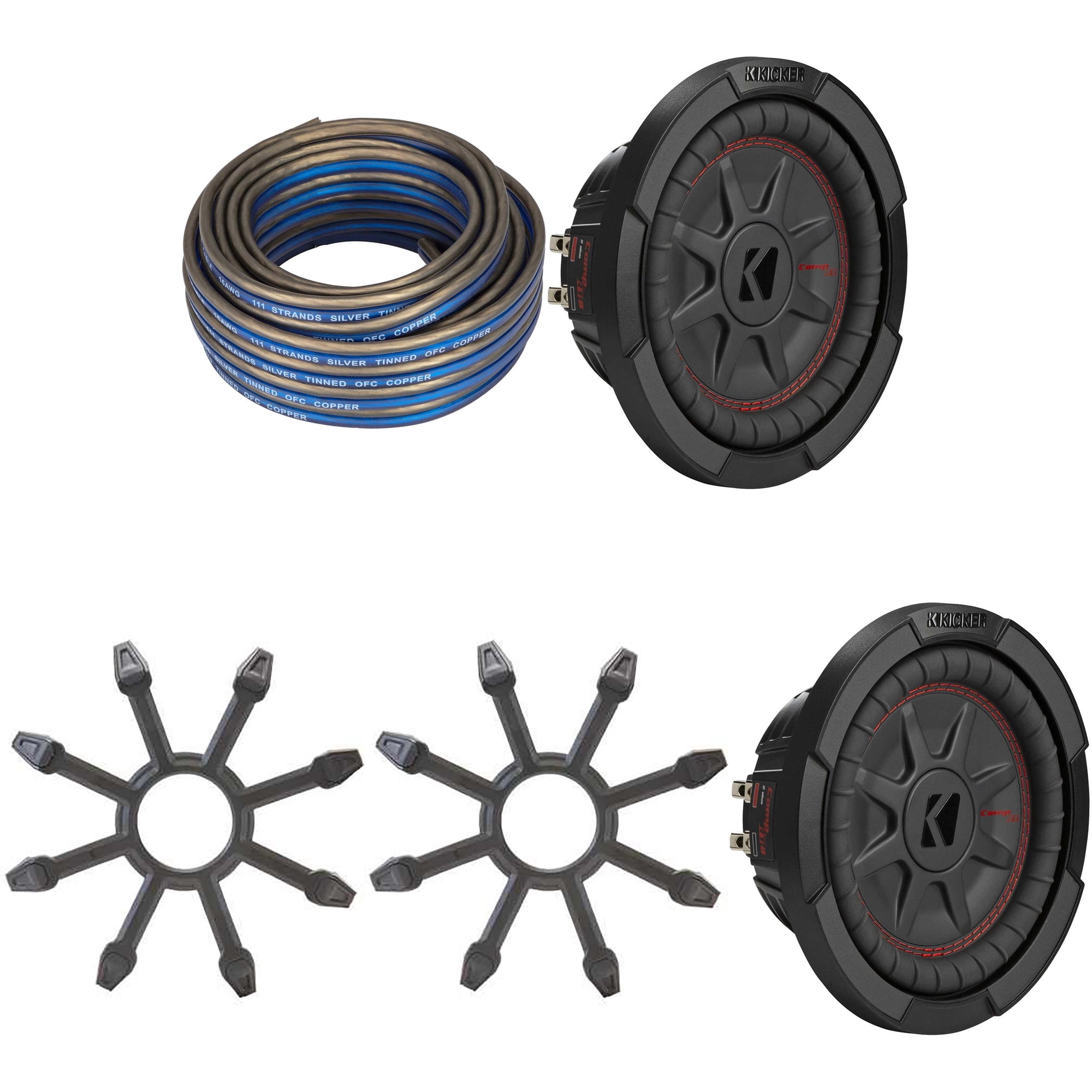Kicker (2) 48CWRT84 CompRT 8" Subwoofer, DVC, 4-ohm w/ Speaker Wire, Grill Bundle