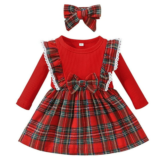 URMAGIC Toddler Baby Girl Christmas Outfit Newborn Plaid Bowknot Long Sleeve Dress Fall Winter Casual Dress Xmas Skirt Headband Outfits
