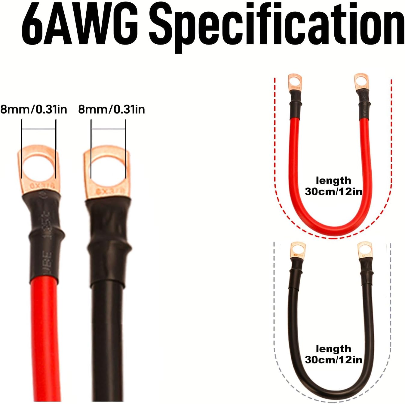 Battery Cable Set with Copper Wires, 12 inches, 6 AWG, 3/8" Lugs, Black & Red, For Motorcycle, Automotive, Marine, Solar, ATV, RV Batteries