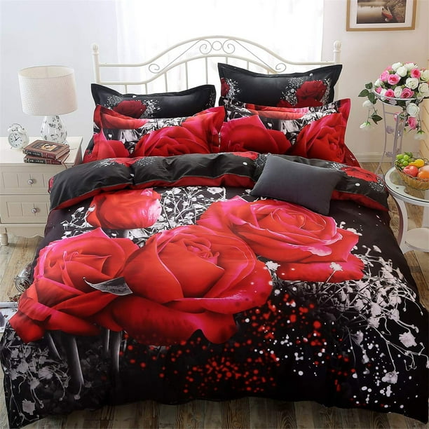 4Pcs Set Red Rose Pattern Printed Bedding Set without Quilt Inside ...