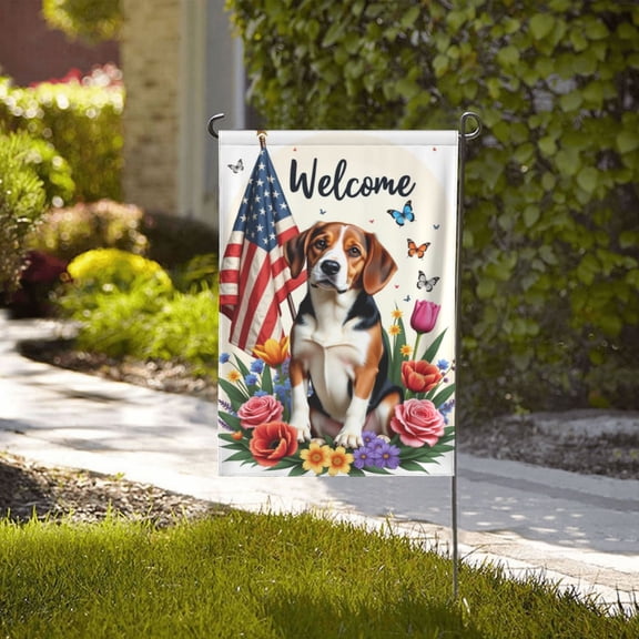 Welcome Beagle Dog Garden Flag Patriotic USA Flag Flowers Double Sided 12x18 Inch Spring Summer Yard Outdoor Decor House Flag Home Gifts for Men Women Birthday Gifts Memorial Day