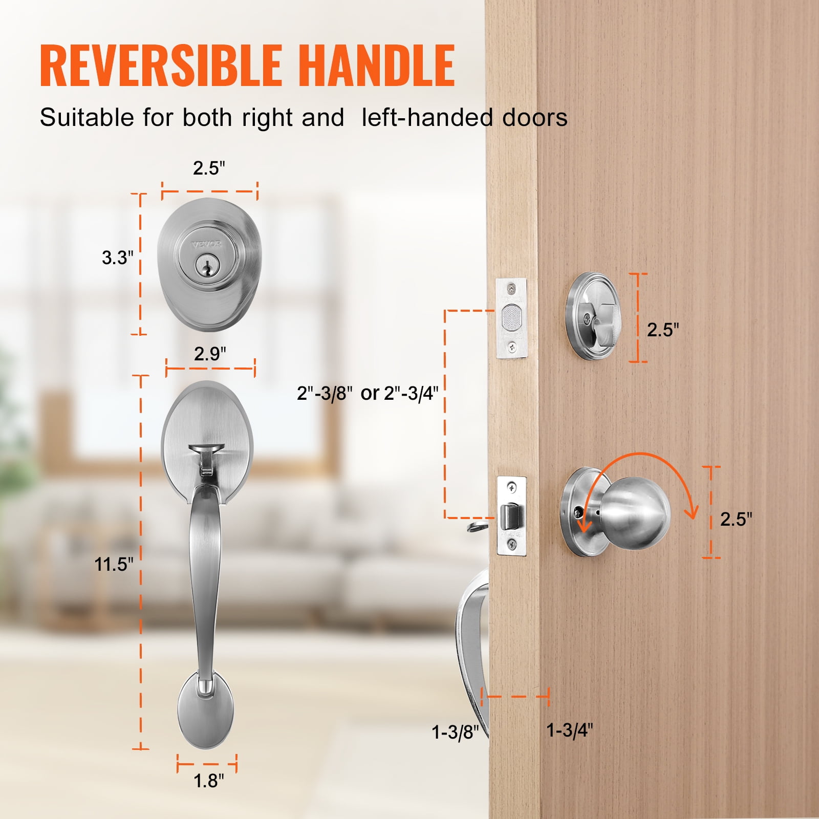 KFFKFF Front Door Handle and Deadbolt Set, Black Front Door Lock Set with Reversible Knob Handle, Modern Front Door Hardware, Single Cylinder Front Door Entry Lock, Silver