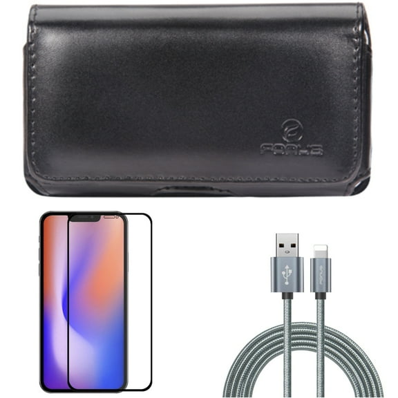 Screen Protector & 10ft USB Cable & Case Belt Clip for iPhone 13/Pro - Combo with Anti-Glare Tempered Glass Matte & Charger Cord Power Wire & Leather Swivel Holster