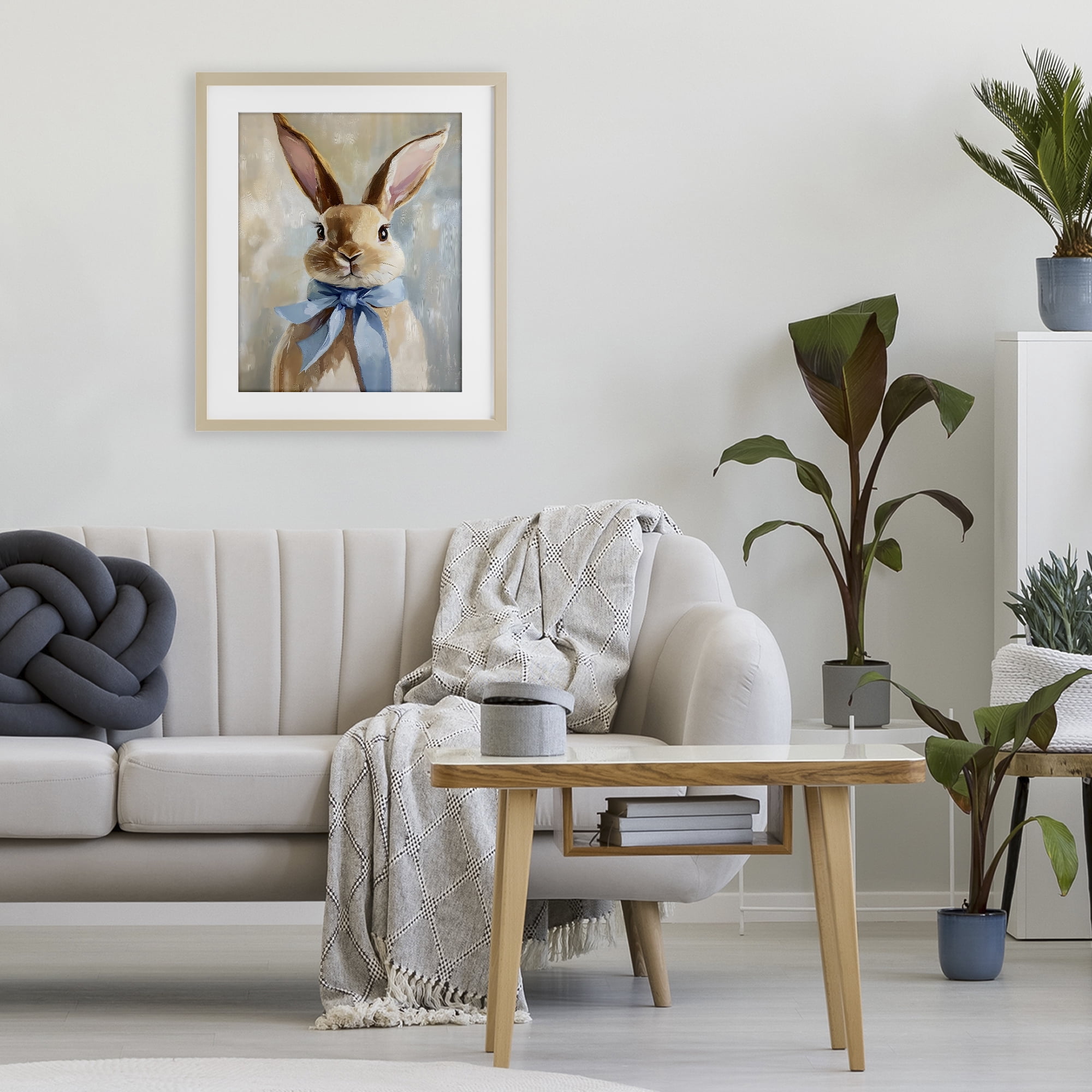 Stupell Industries Bunny with Blue Bow Birch Framed Print Under Glass, design by The Prints Vibe