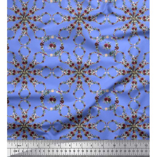 Soimoi Blue Rayon Fabric Floral Wreath Geometric Fabric Prints By Yard 58 Inch Wide