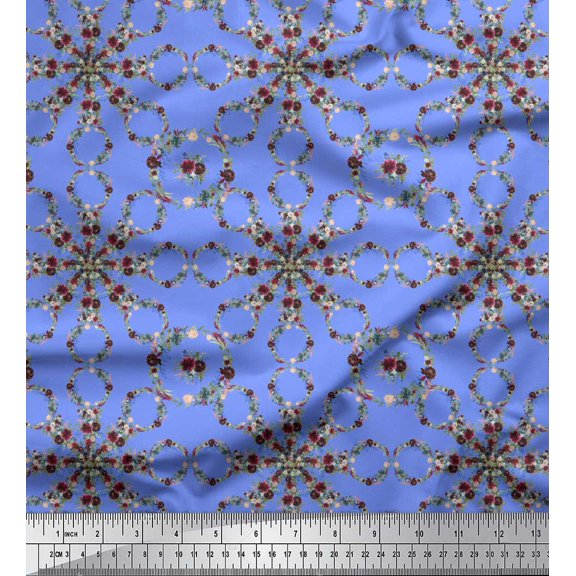 Soimoi Blue Cotton Duck Fabric Floral Wreath Geometric Print Sewing Fabric Yard 44 Inch Wide