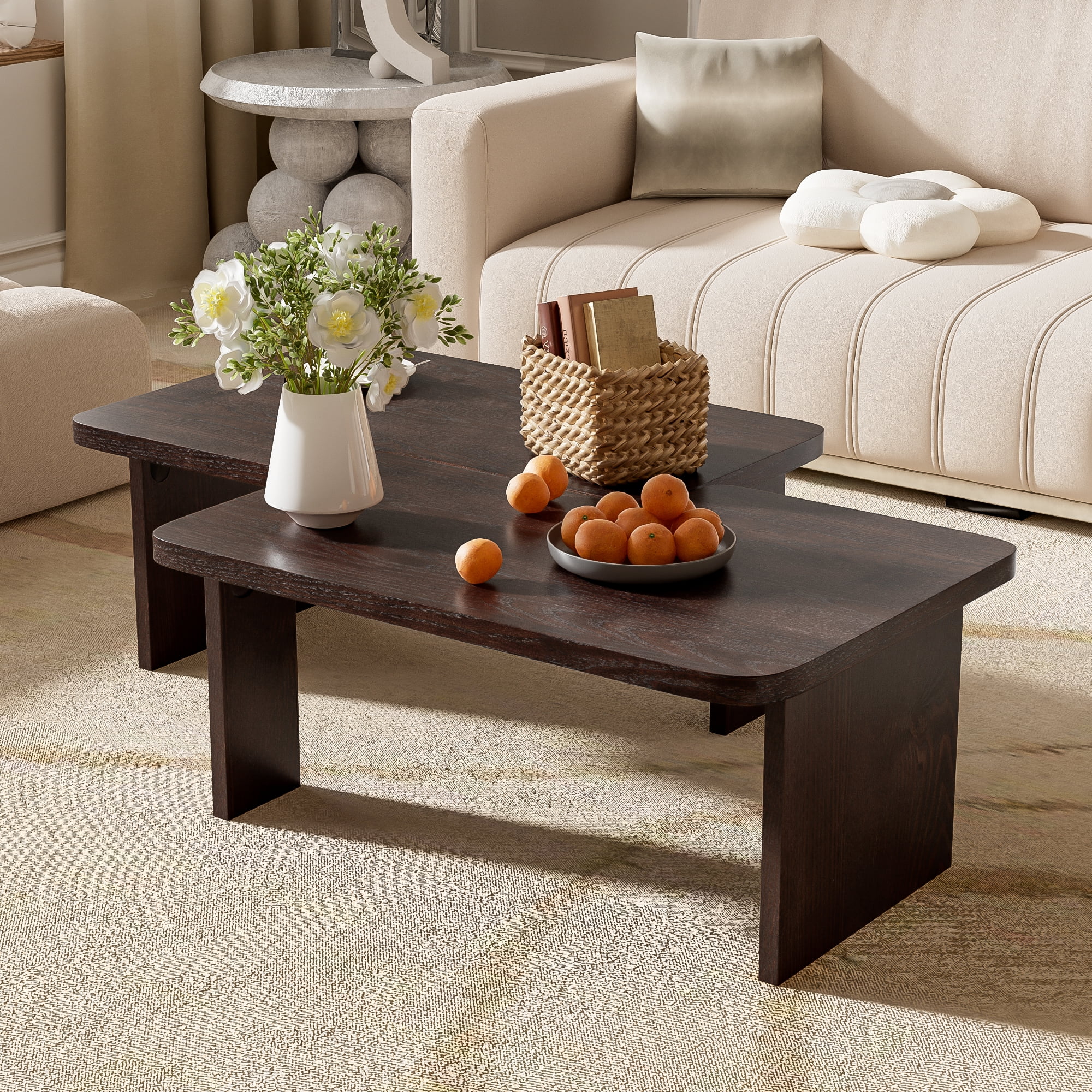 Euroco Modular Coffee Table Set of 2 – Freely Configurable Wood Grain MDF Tables with Modern Design, Compact Side Table Option