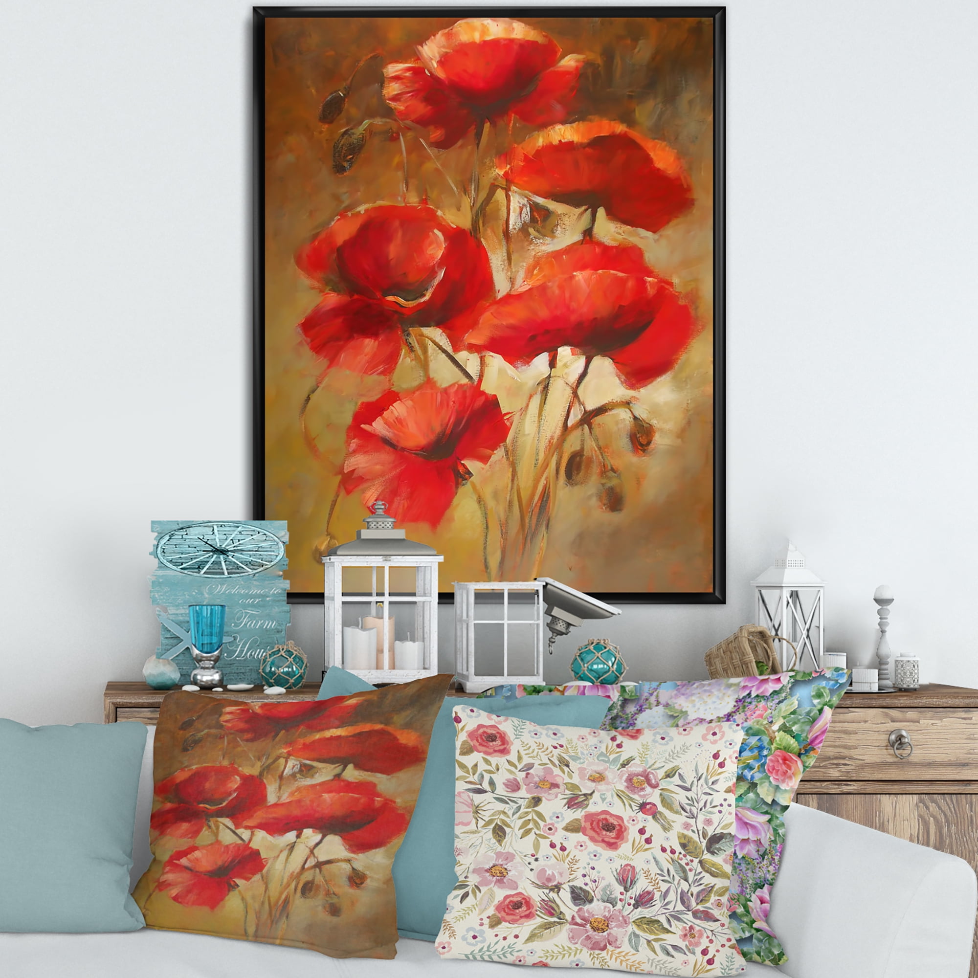 Designart 'Red Blossoming Poppies Over Wild Brown I' Traditional Framed Canvas Wall Art Print