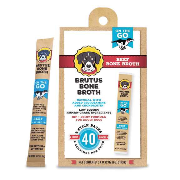 Brutus Broth Instant On The Go Powder for Dogs with Chondroitin Glucosamine & Turmeric - Pet Food Topper - Human Grade Dog Food Toppers for Dry Food & Picky Eaters - 5 Stick (Beef)