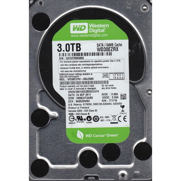 WD30EZRX-00AZ6B0, DCM HBNCHT2ABB, Western Digital 3TB SATA 3.5 Hard Drive