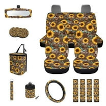 KUIFORTI Sunflower Car Seat Covers Full Set 15 Piece Car Seat Cover Steering Wheel Cover Seatbelt Covers Car Cup Coasters Car Trash Bag Air Vent Storage Bag Rear View Mirror Cover Keychain