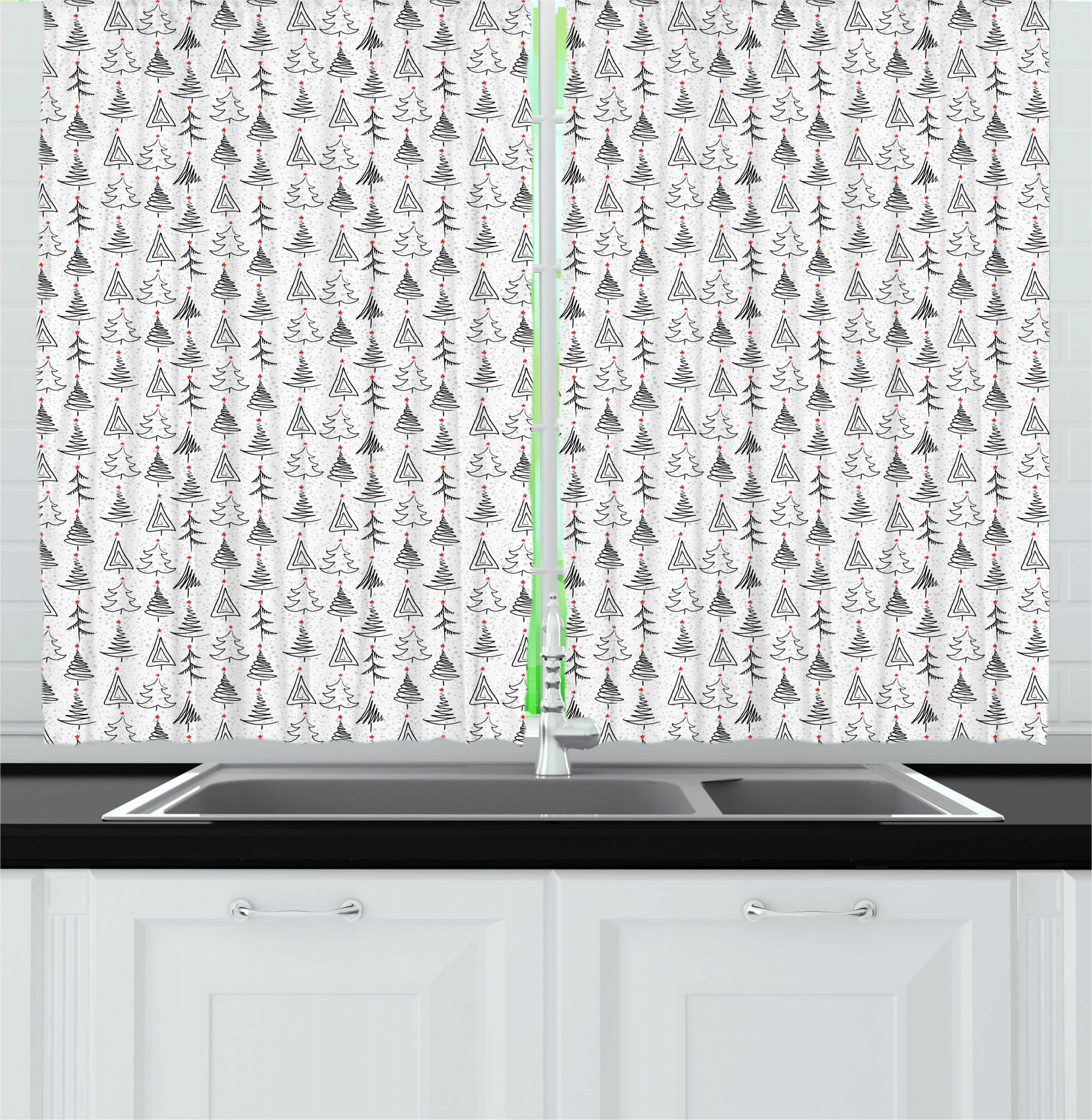 Tree Kitchen Curtains, Doodle Pattern Ornamental Sketch Style Drawing
