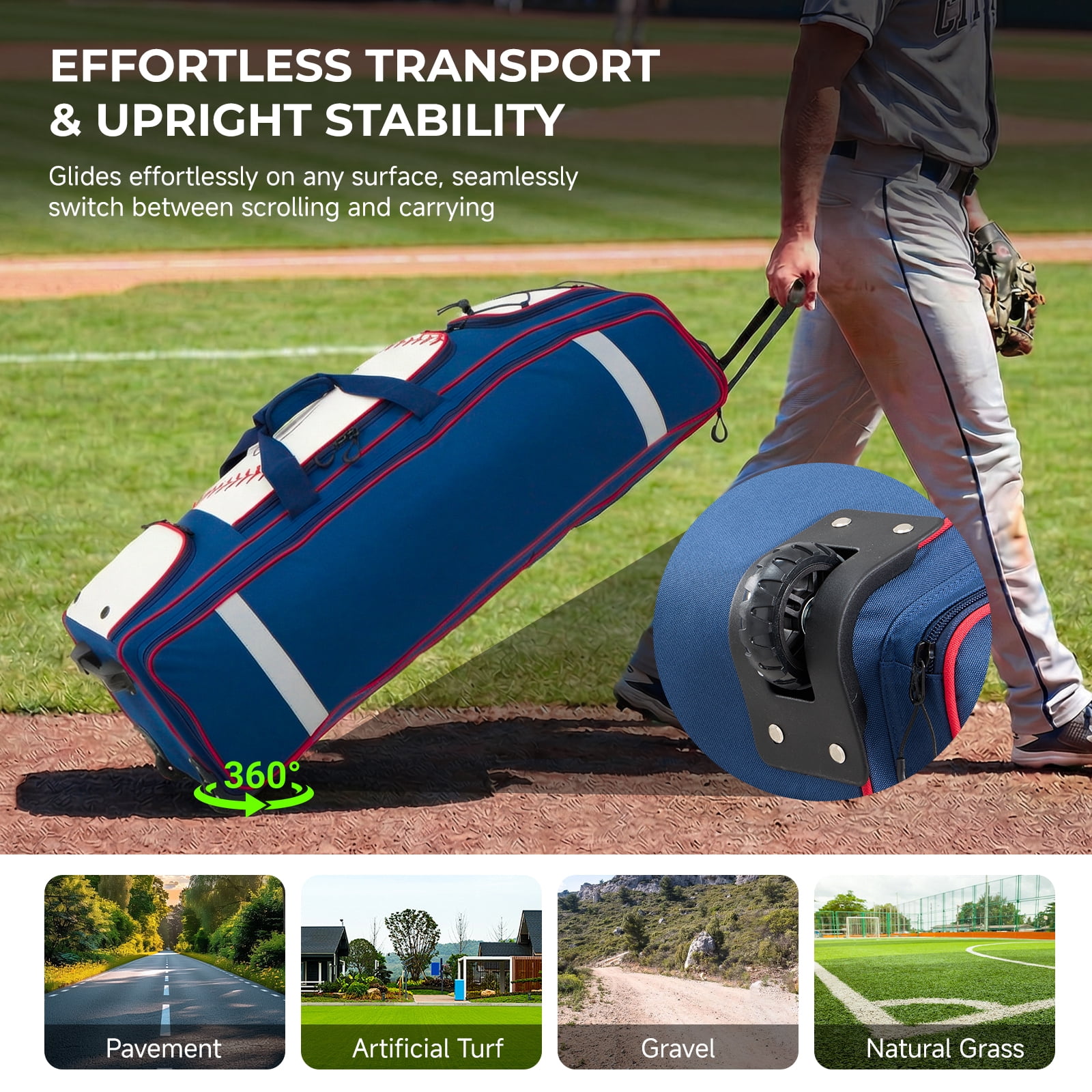 Fegat Rolling Baseball Bag, 100L Large Catcher Gear Bag Softball Bags with Wheels, Youth Equipment Bag Holds 8 Bats, Full Set, with Fence Hooks, Reflective Strip, Shoe Compartment
