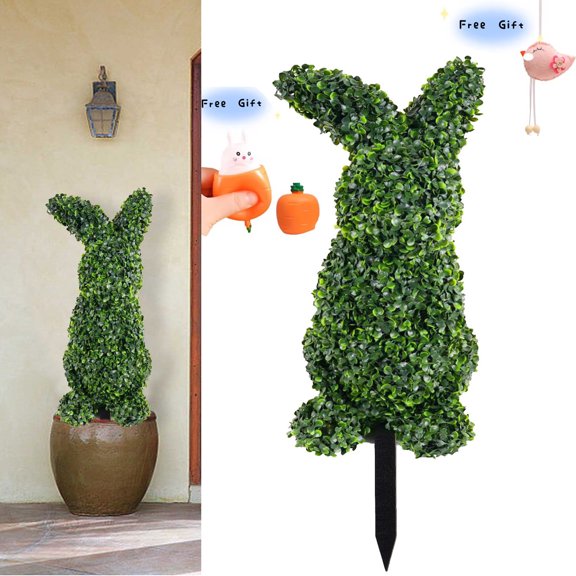 Bunny Topiary Outdoor, Artificial Bunny-Shaped Topiary Tree Pot Fake Easter Bunnies Plant,Easter Bunny Topiary, Easter Rabbit Boxwood Topiaries Plant For Home Front Porch Decor Outside Garden Decor