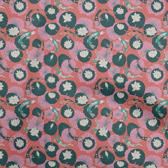 oneOoneCottonPoplinTwillOrangeFabricAsianJapaneseKoiFishWithAbstractFlowerQuiltingSuppliesPrintSewingFabricByTheYard56InchWide