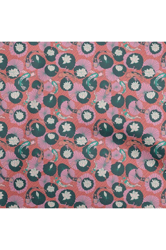 RayonOrangeFabricAsianJapaneseKoiFishWithAbstractFlowerCraftProjectsDecorFabricPrintedByTheYard56InchWide
