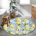 thumbnail image 4 of Yellow Lemon Round Area Rug 4 FT, Non Slip Indoor Outdoor Rug, Botanical Spring Leaves Abstract Blue Tile Washable Soft Circular Carpet Non-Shedding Floor Mat for Coffee Table Nursery Foyer Balcony, 4 of 8